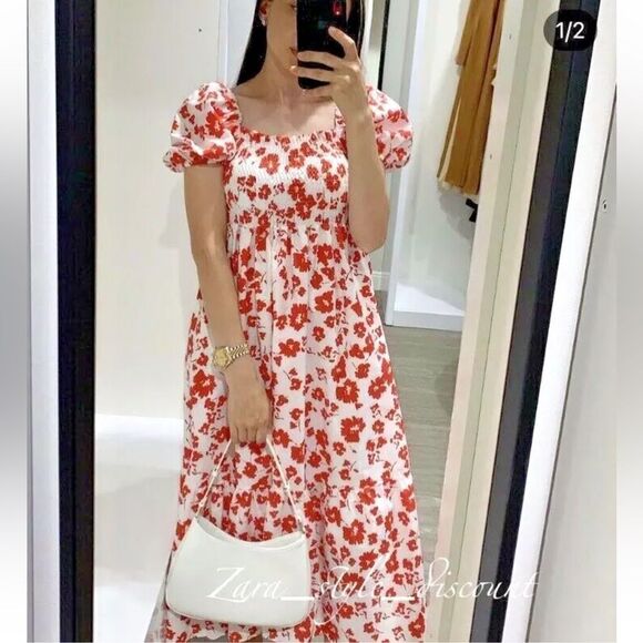 ZARA Floral Print Puff Sleeve Summer Midi Dress - Picture 3 of 14